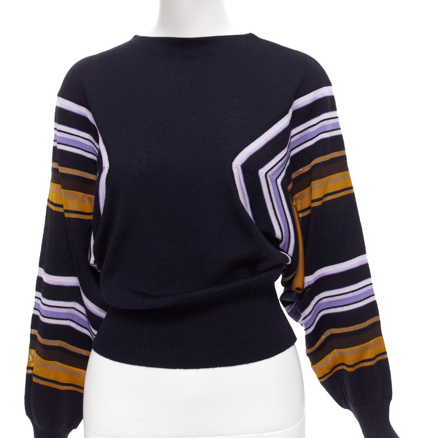 MARNI navy multicolour virgin wool blend geometric batwing sweater IT38 XS
Reference: CELG/A00338
Brand: Marni
Material: Virgin Wool, Blend
Color: Navy, Multicolour
Pattern: Striped
Closure: Slip On
Made in: Italy

CONDITION:
Condition: Excellent,