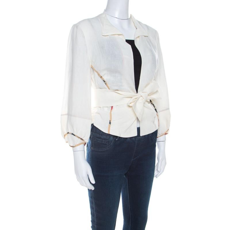 Gray Marni Off White Linen Contrast Piping Detail Belted Jacket M For Sale