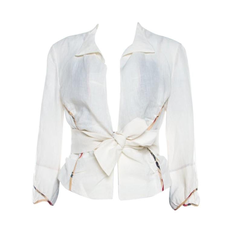 Marni Off White Linen Contrast Piping Detail Belted Jacket M For Sale