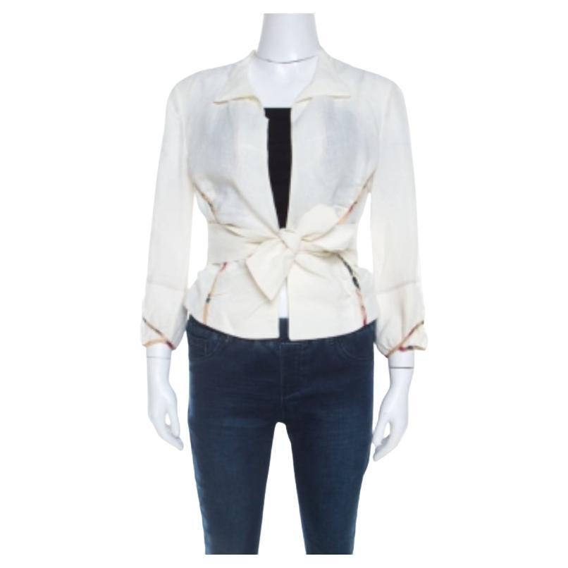 Marni - Giacca con cintura in lino bianco sporco con dettagli a piping a contrasto M