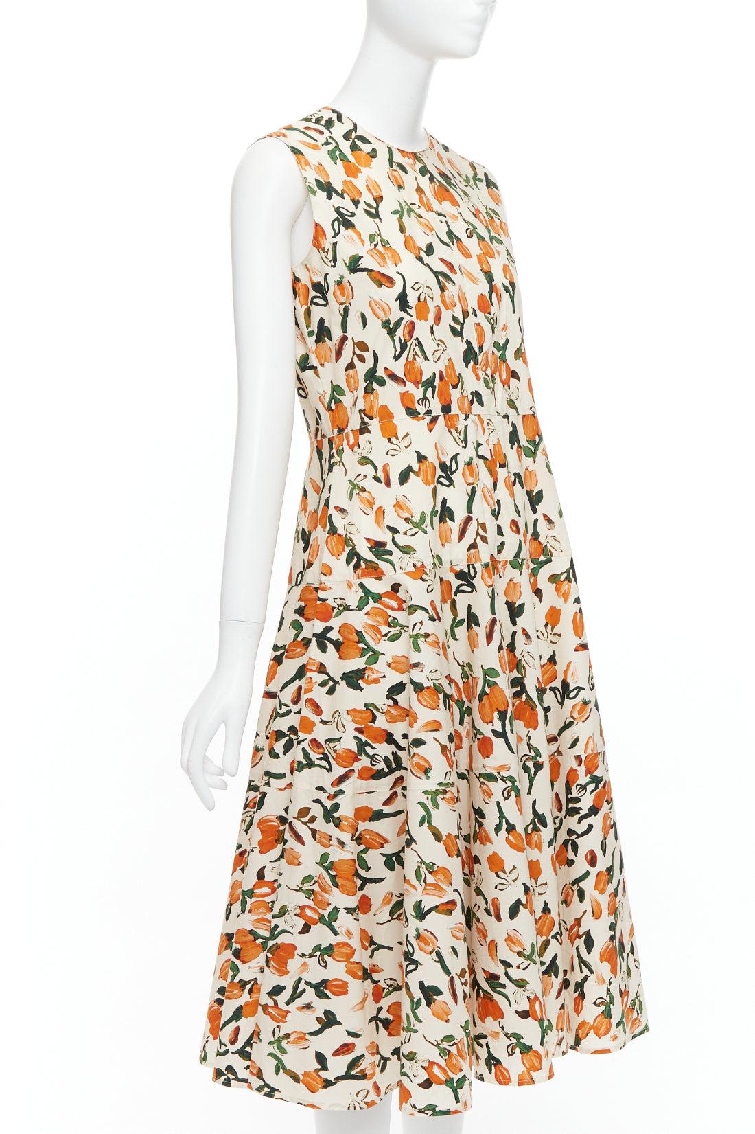 White MARNI orange cream cotton tulip floral print midi summer dress IT44 L For Sale
