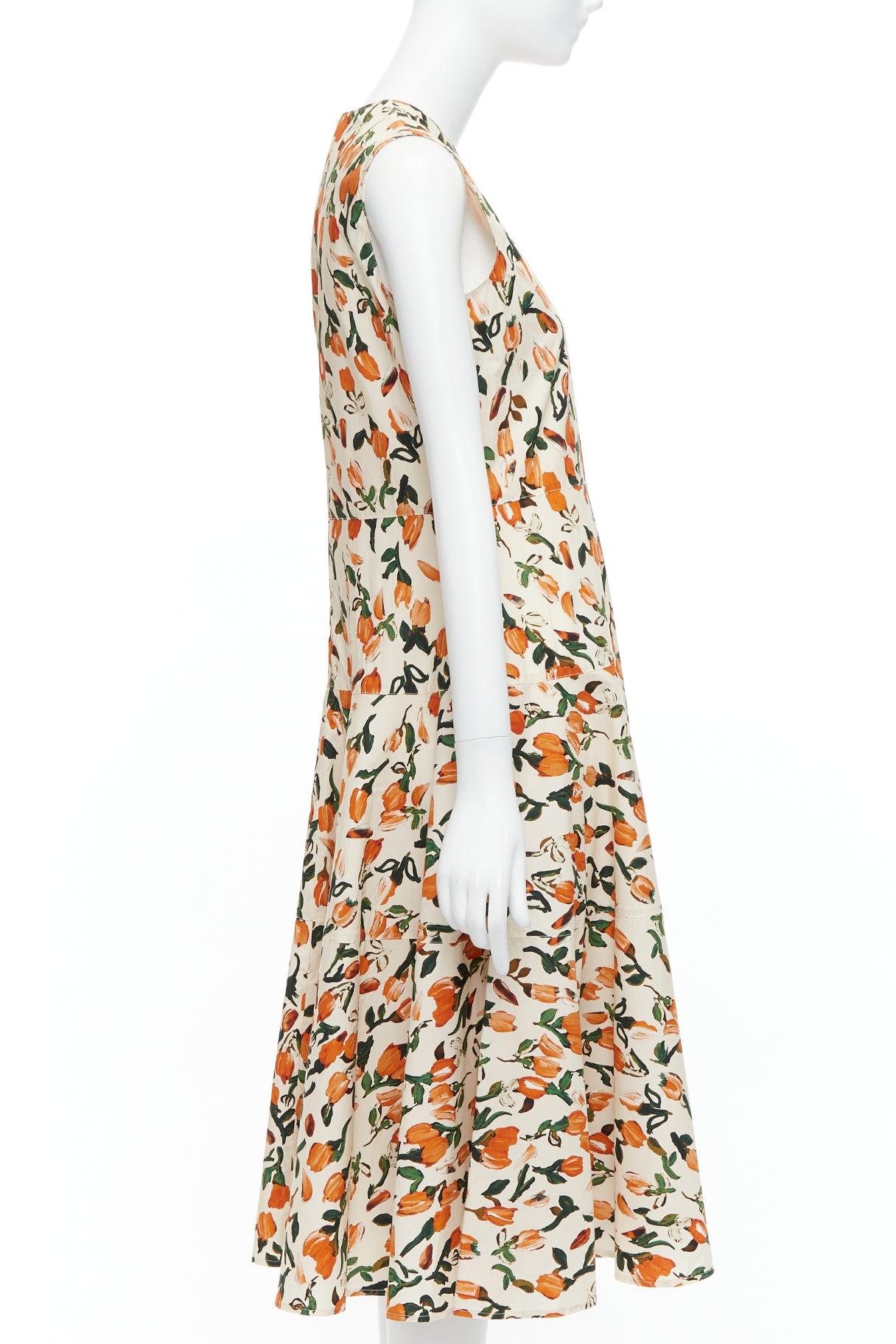 MARNI orange cream cotton tulip floral print midi summer dress IT44 L In Excellent Condition For Sale In Hong Kong, NT