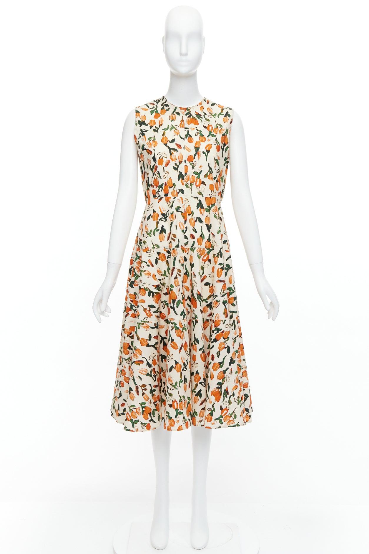 MARNI orange cream cotton tulip floral print midi summer dress IT44 L For Sale 4