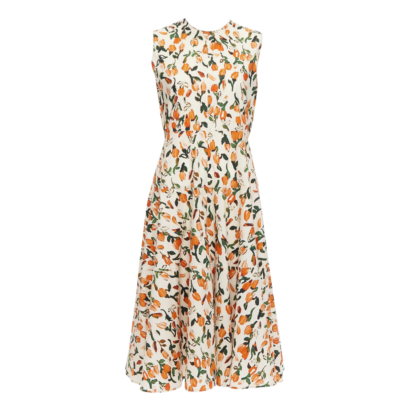 MARNI naranja crema algodón tulipán estampado floral vestido midi verano IT44 L