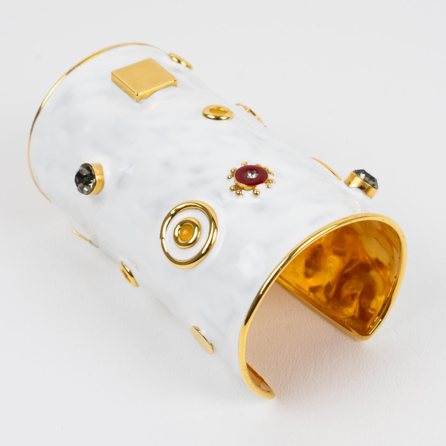 Marni Oversized Gilt Metal and White Enamel Cuff Bangle Bracelet In Excellent Condition In Atlanta, GA