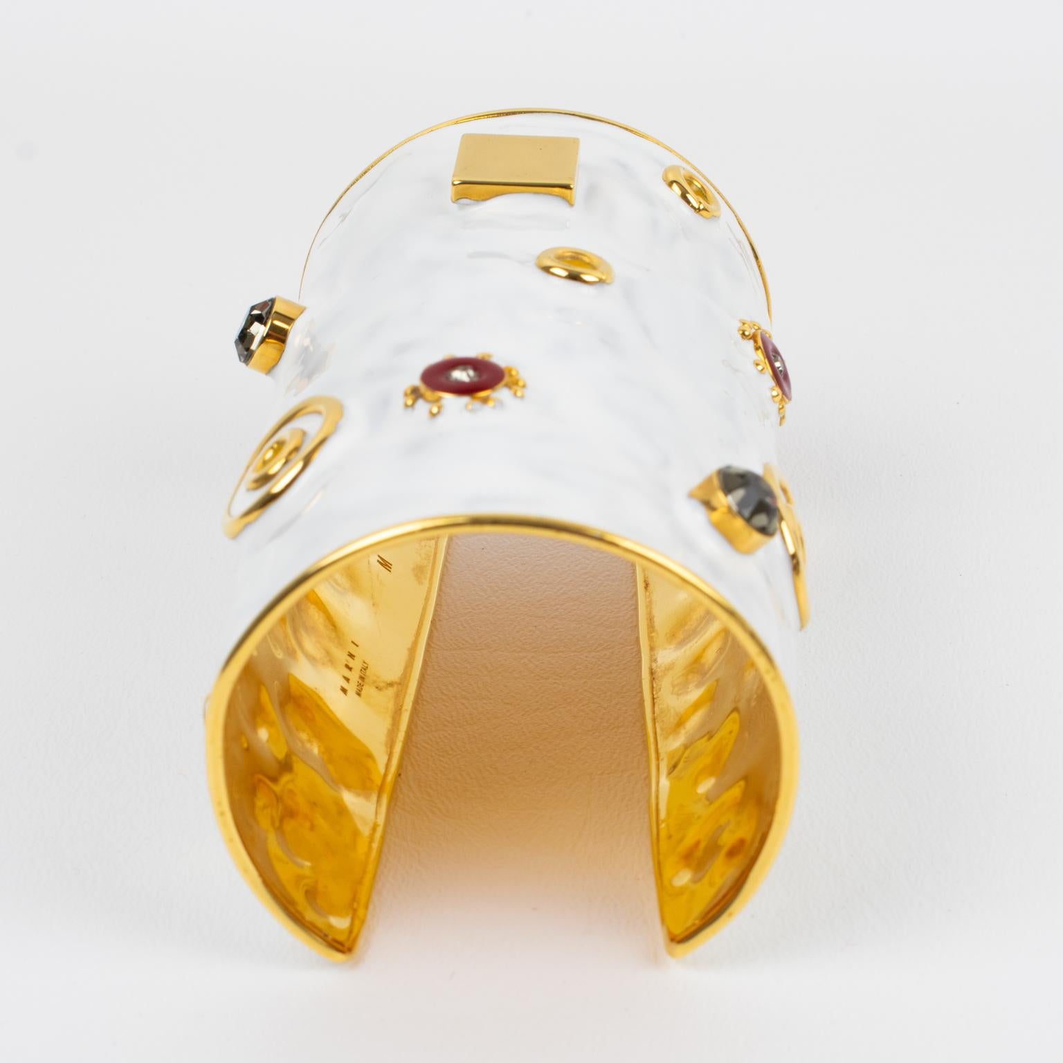 Women's or Men's Marni Oversized Gilt Metal and White Enamel Cuff Bangle Bracelet