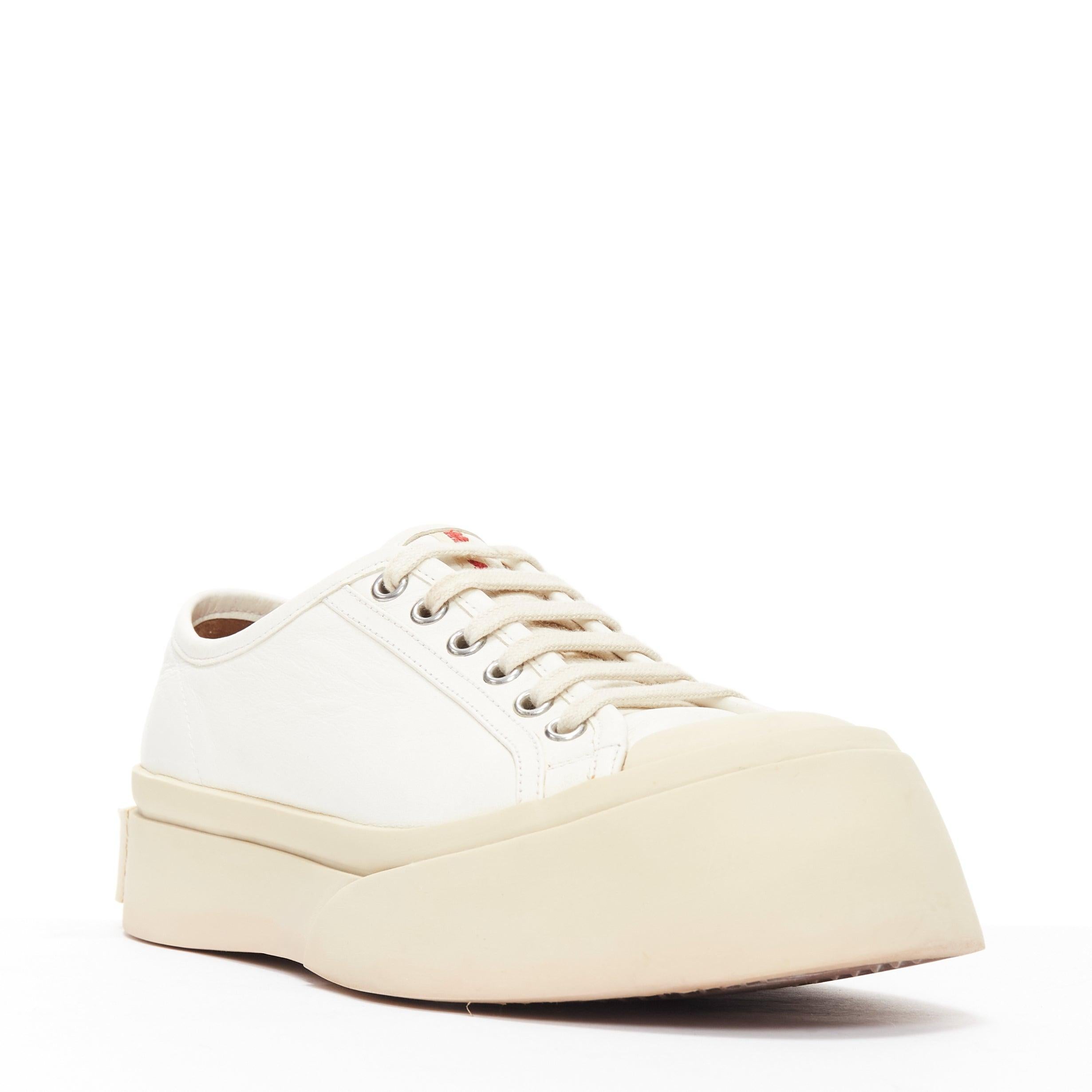MARNI Pablo white leather chunky wide toe lace up low top sneakers EU36
Reference: JACG/A00153
Brand: Marni
Model: Pablo
Material: Leather, Rubber
Color: White, Cream
Pattern: Solid
Closure: Lace Up
Lining: Brown Leather
Extra Details: Marni's