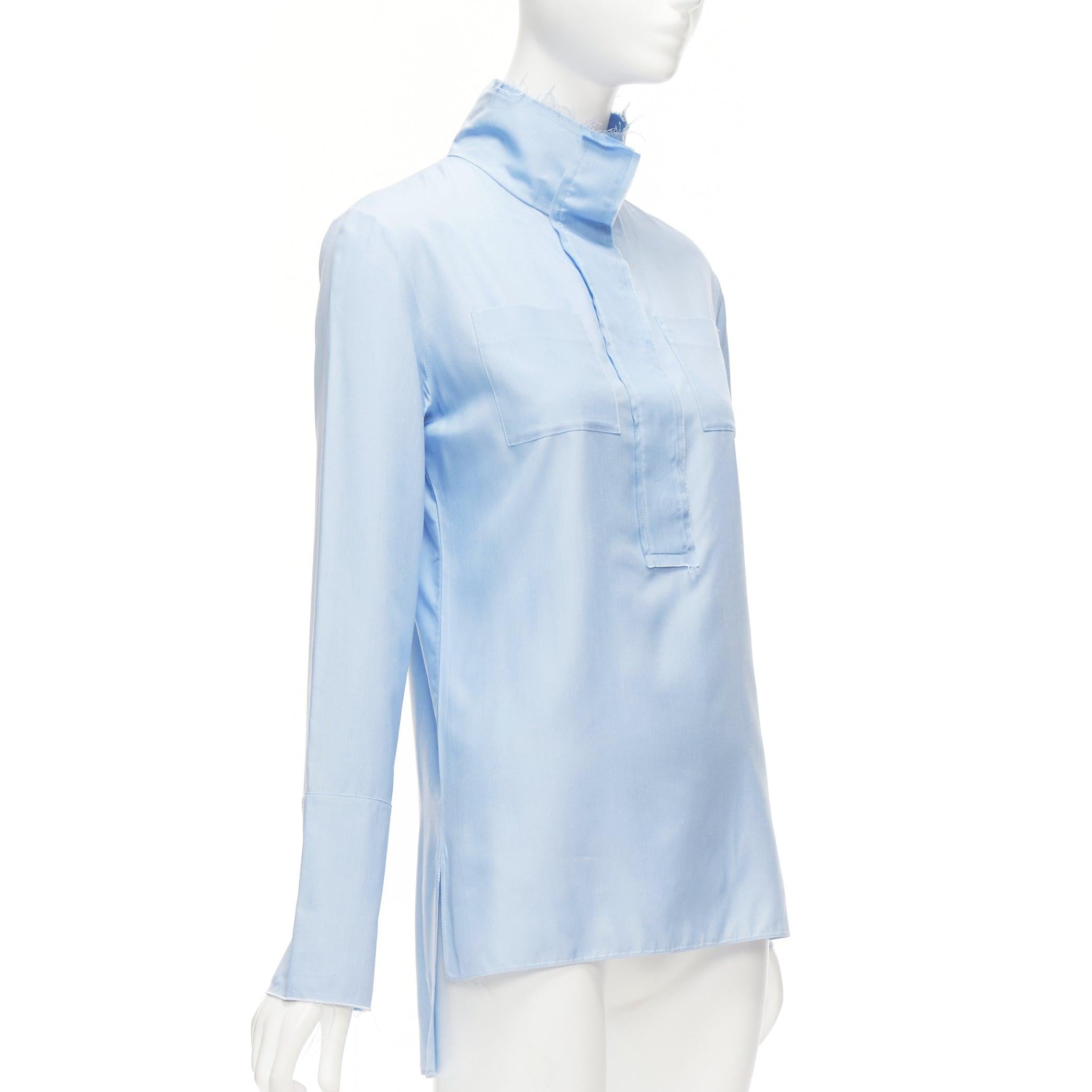 Blue MARNI pastel blue 100% silk raw edge collar pocketed high low hem shirt IT38 XS For Sale
