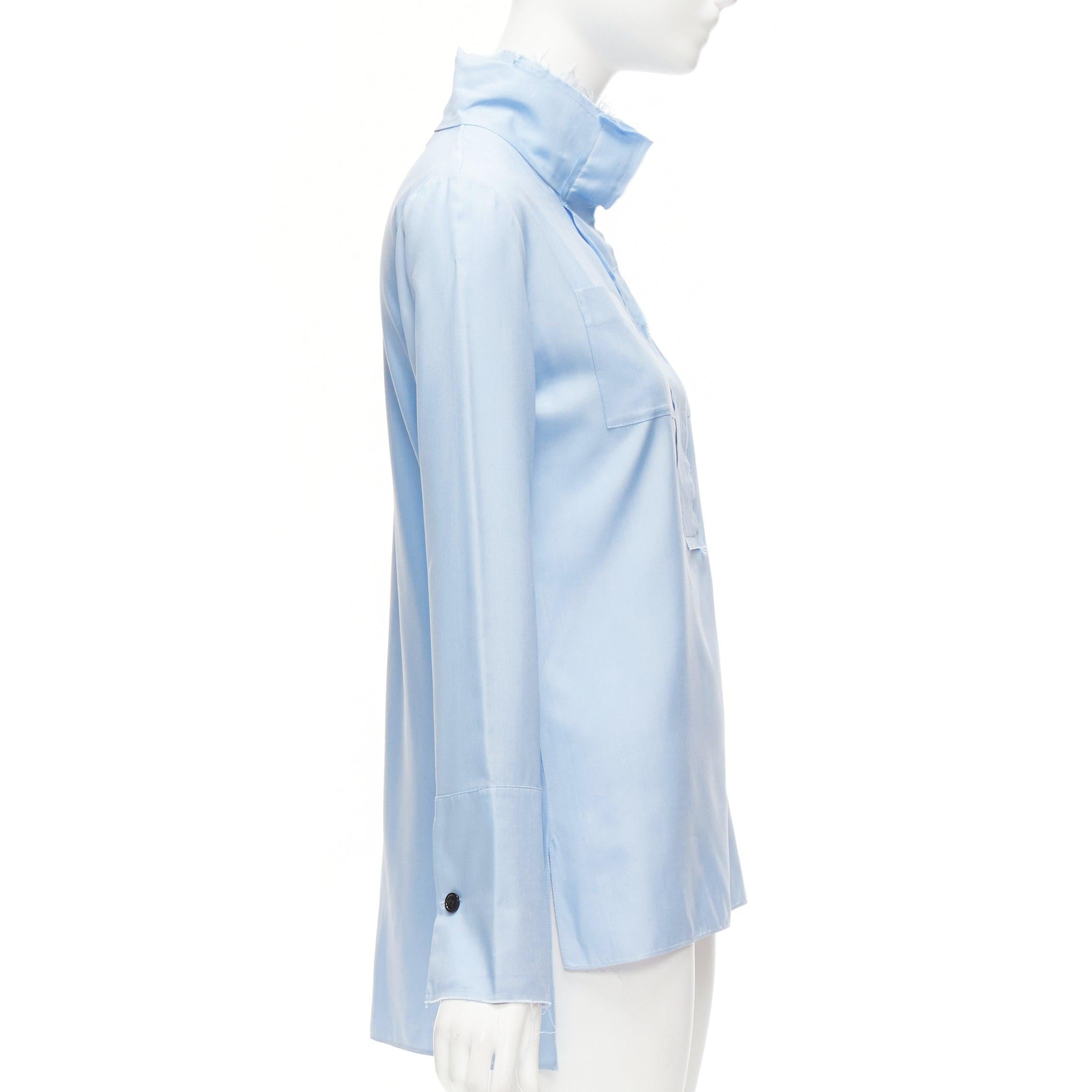 Women's MARNI pastel blue 100% silk raw edge collar pocketed high low hem shirt IT38 XS For Sale