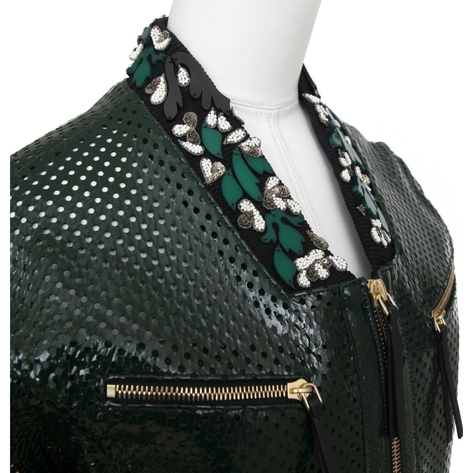 MARNI Green Patent Leather Jacket Perforated Emerald Bomber Coat Floral Sz 38 BN In New Condition For Sale In Hollywood, FL