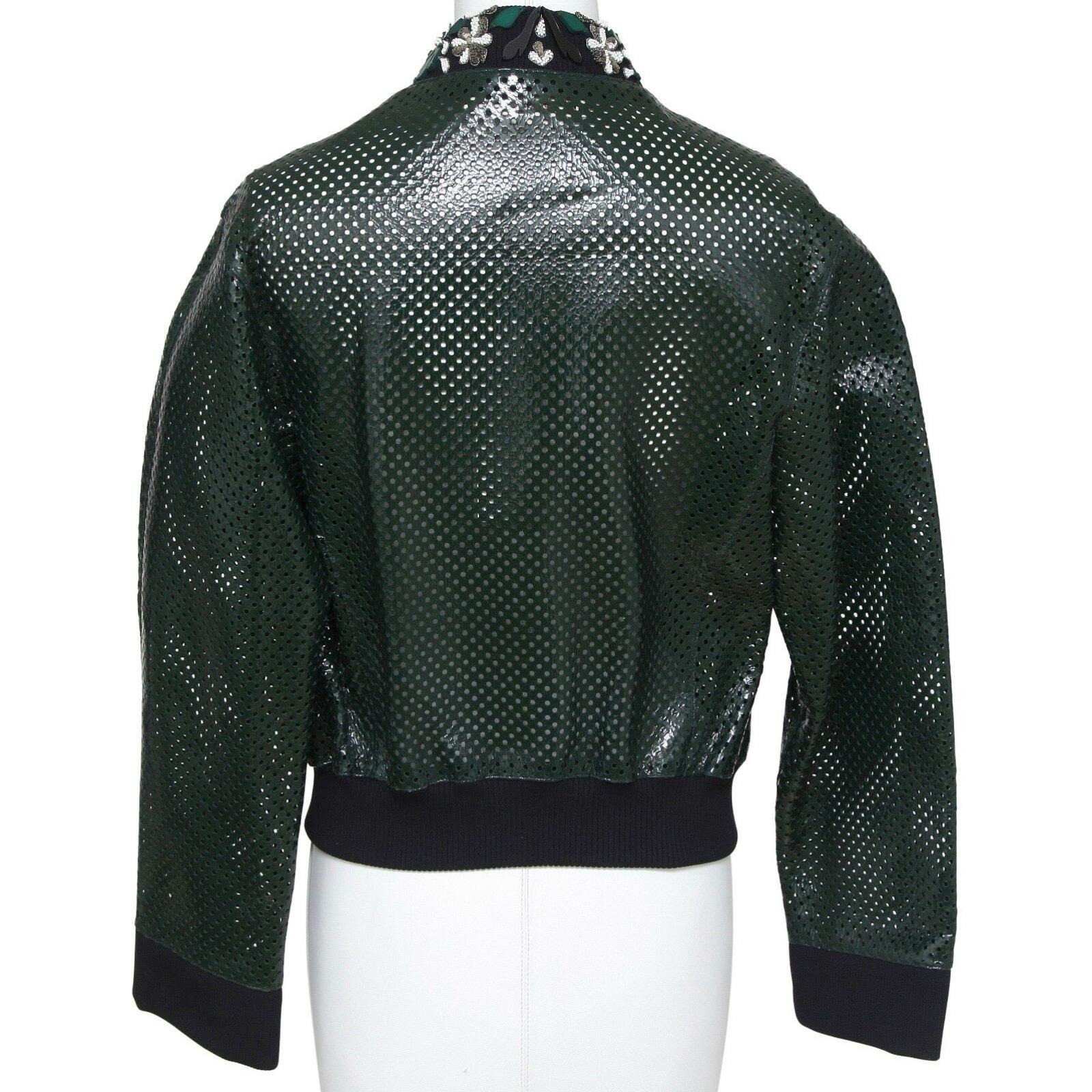 Women's MARNI Green Patent Leather Jacket Perforated Emerald Bomber Coat Floral Sz 38 BN For Sale
