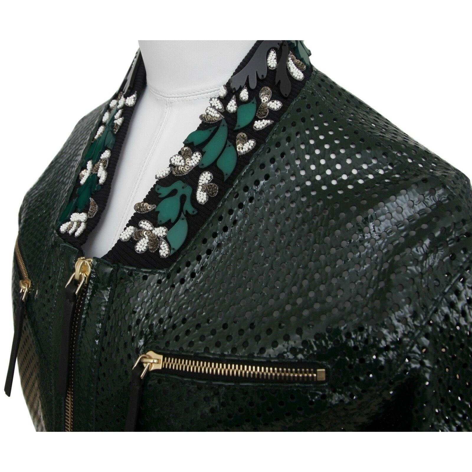 MARNI Green Patent Leather Jacket Perforated Emerald Bomber Coat Floral Sz 38 BN For Sale 1