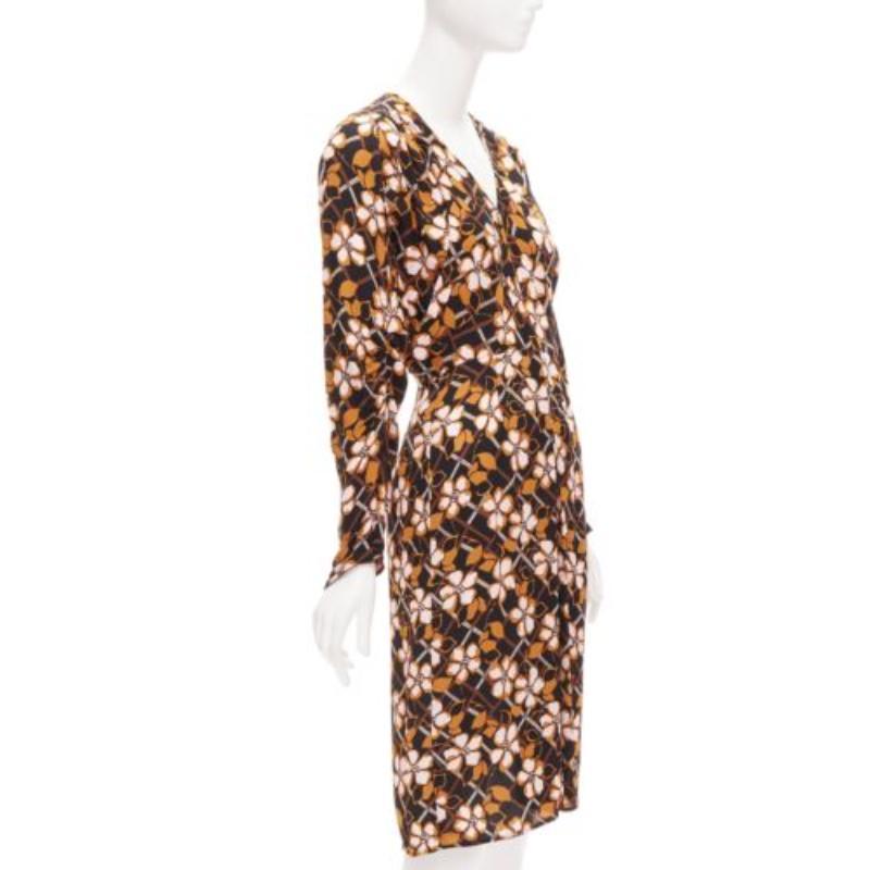 Brown MARNI pink brown geometric flower print panelled sleeves V neck dress IT38 XS For Sale