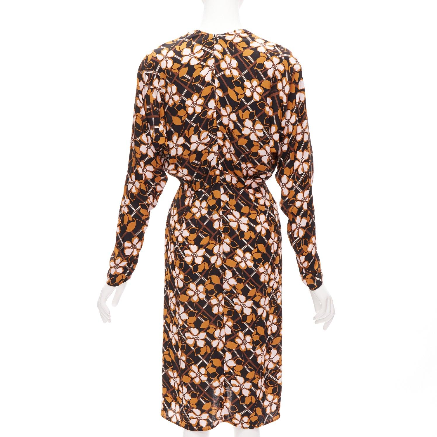MARNI pink brown geometric flower print panelled sleeves V neck dress IT38 XS In Good Condition For Sale In Hong Kong, NT
