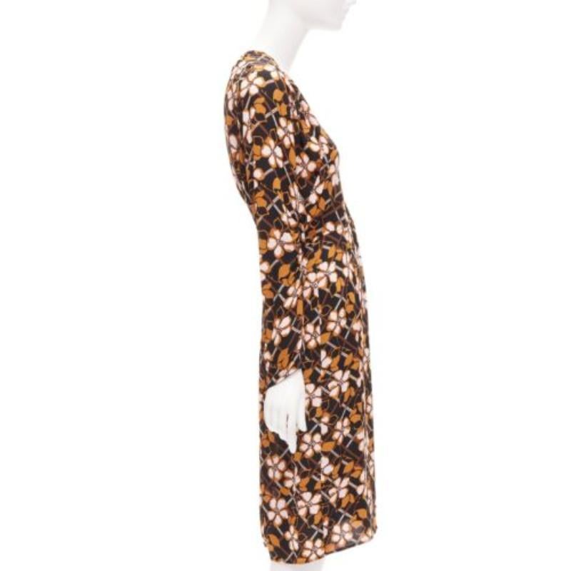 MARNI pink brown geometric flower print panelled sleeves V neck dress IT38 XS In Good Condition For Sale In Hong Kong, NT