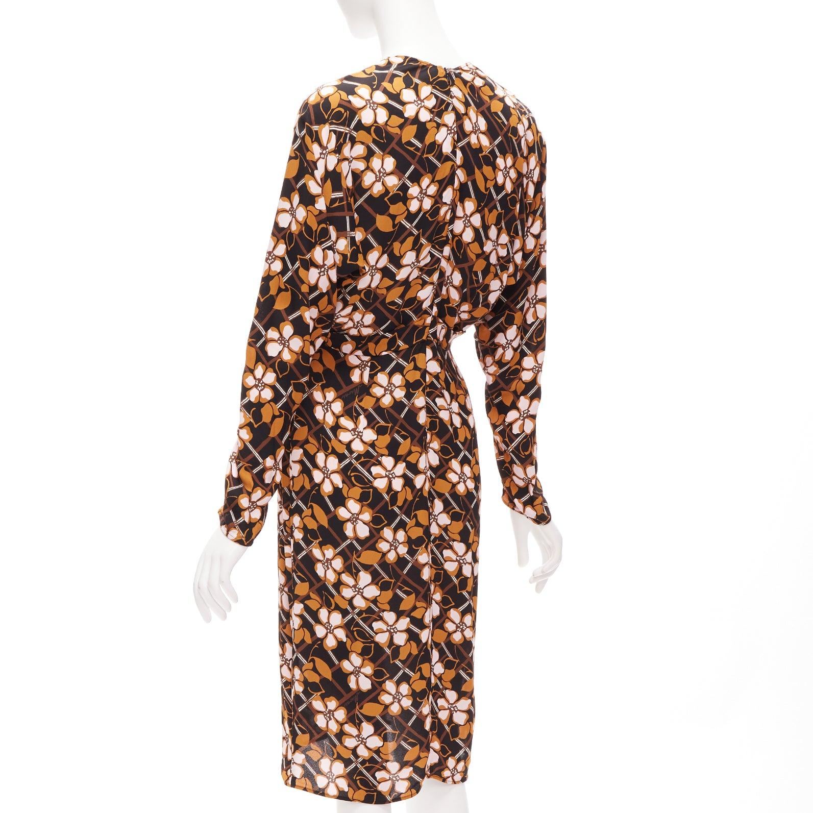 Women's MARNI pink brown geometric flower print panelled sleeves V neck dress IT38 XS For Sale