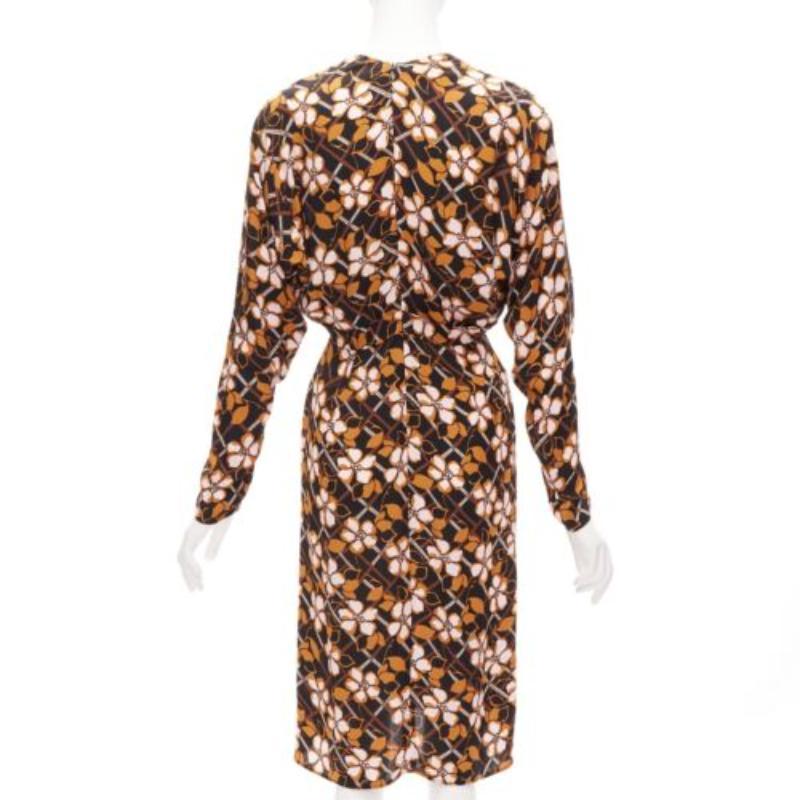 Women's MARNI pink brown geometric flower print panelled sleeves V neck dress IT38 XS For Sale