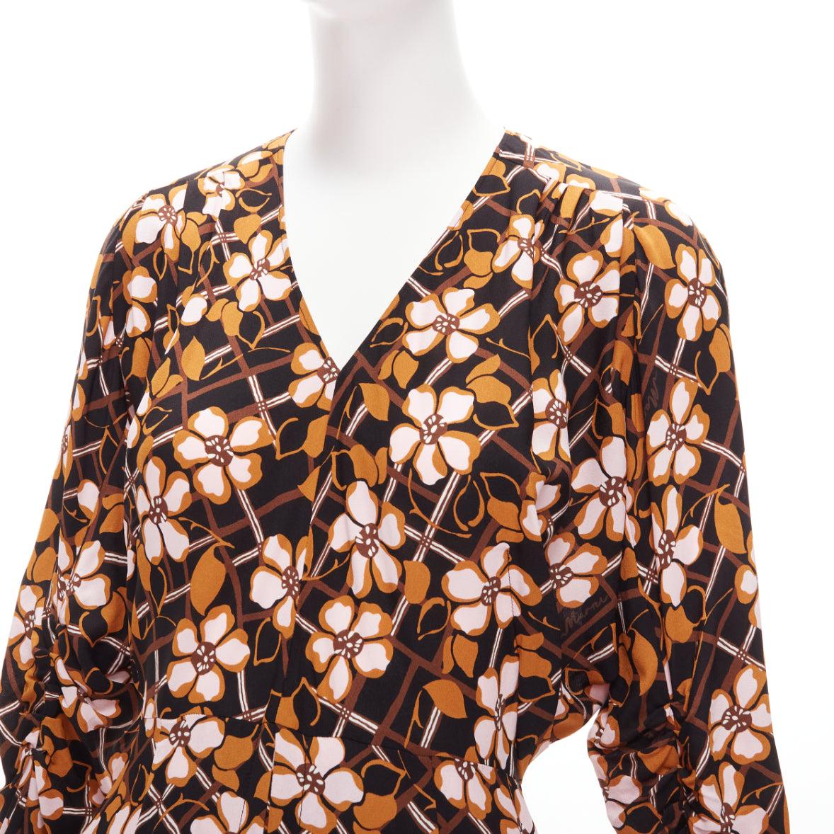 MARNI pink brown geometric flower print panelled sleeves V neck dress IT38 XS For Sale 1