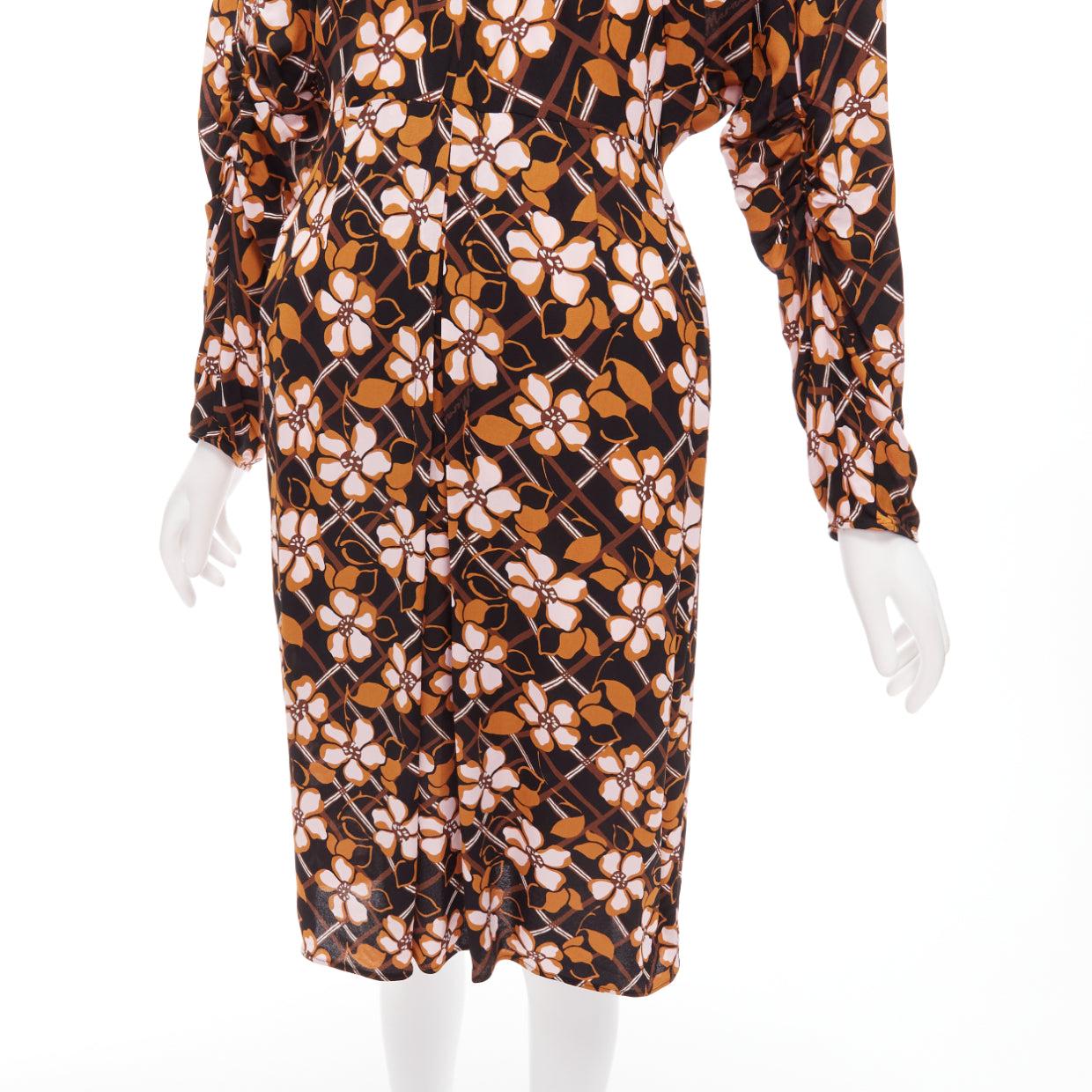 MARNI pink brown geometric flower print panelled sleeves V neck dress IT38 XS For Sale 2