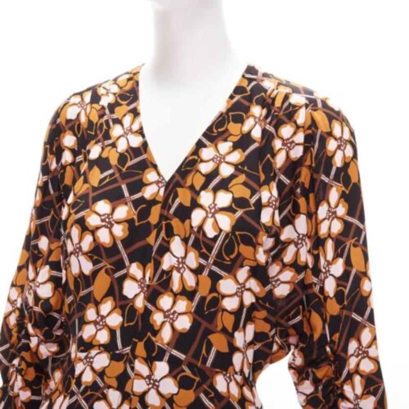 MARNI pink brown geometric flower print panelled sleeves V neck dress IT38 XS For Sale 2
