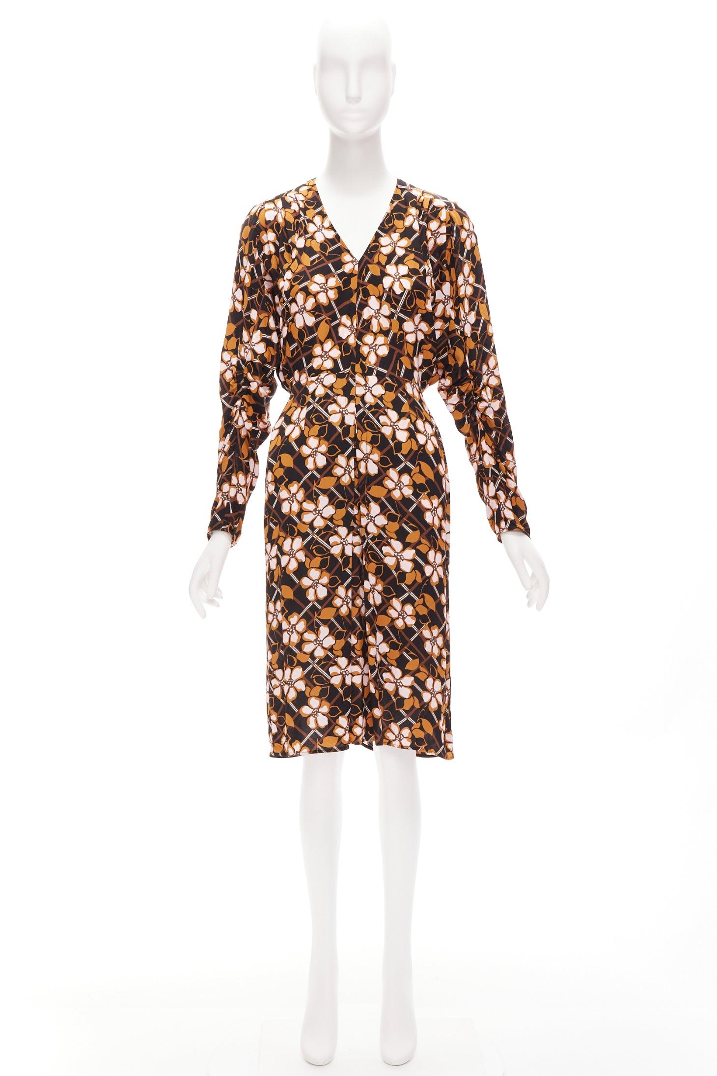 MARNI pink brown geometric flower print panelled sleeves V neck dress IT38 XS For Sale 3