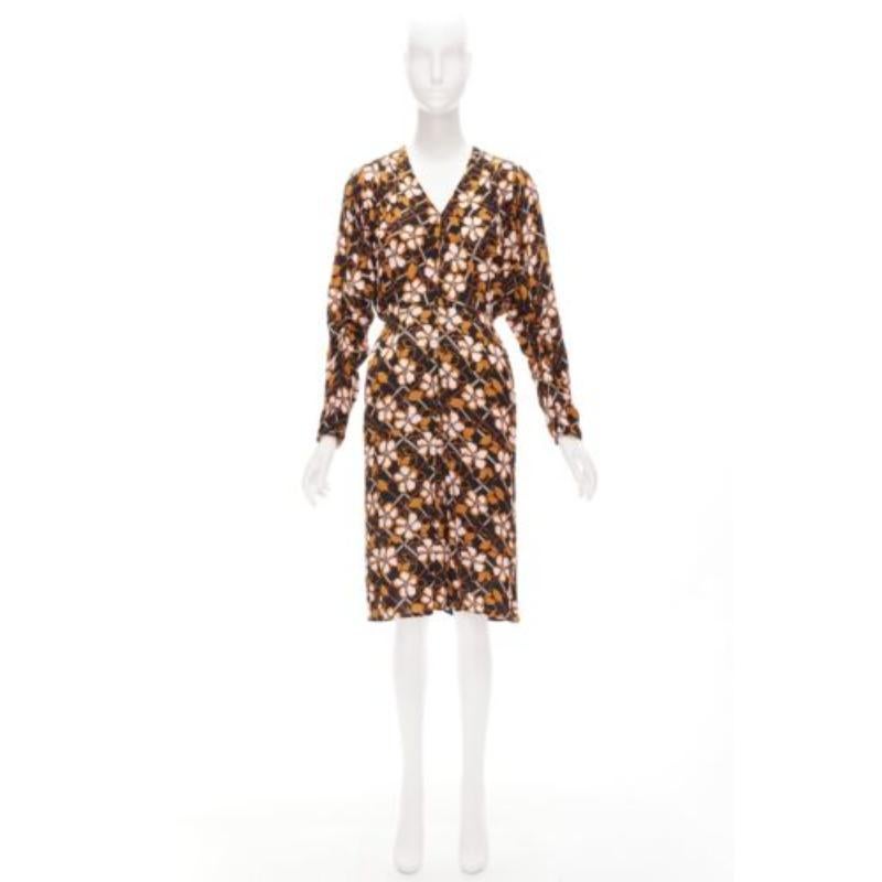 MARNI pink brown geometric flower print panelled sleeves V neck dress IT38 XS For Sale 4