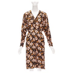 MARNI pink brown geometric flower print panelled sleeves V neck dress IT38 XS