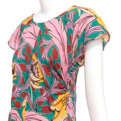 MARNI pink green floral illustration print gathered side cap sleeve top IT38 XS