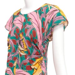 MARNI pink green floral illustration print gathered side cap sleeve top IT38 XS