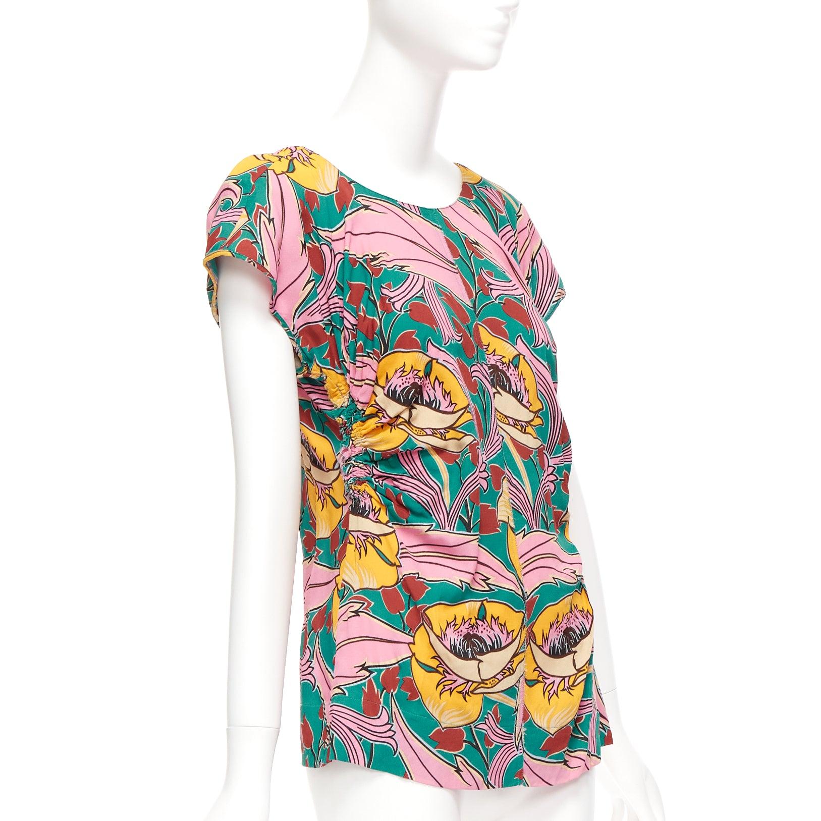 Beige MARNI pink green floral illustration print gathered side cap sleeve top IT38 XS For Sale
