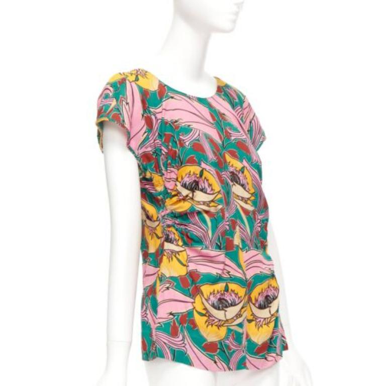 Brown MARNI pink green floral illustration print gathered side cap sleeve top IT38 XS For Sale