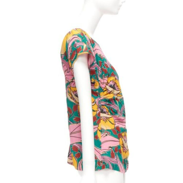 MARNI pink green floral illustration print gathered side cap sleeve top IT38 XS In Excellent Condition For Sale In Hong Kong, NT