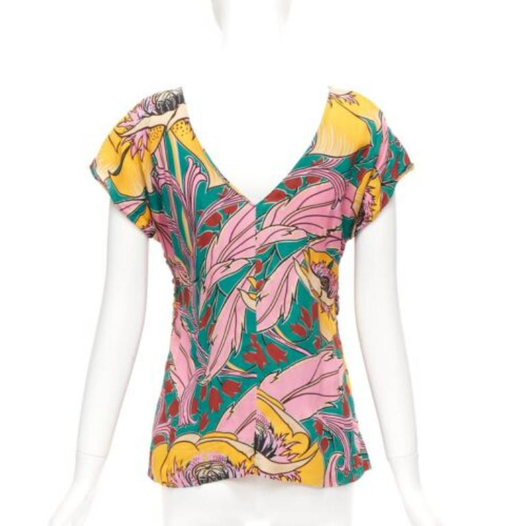 Women's MARNI pink green floral illustration print gathered side cap sleeve top IT38 XS For Sale