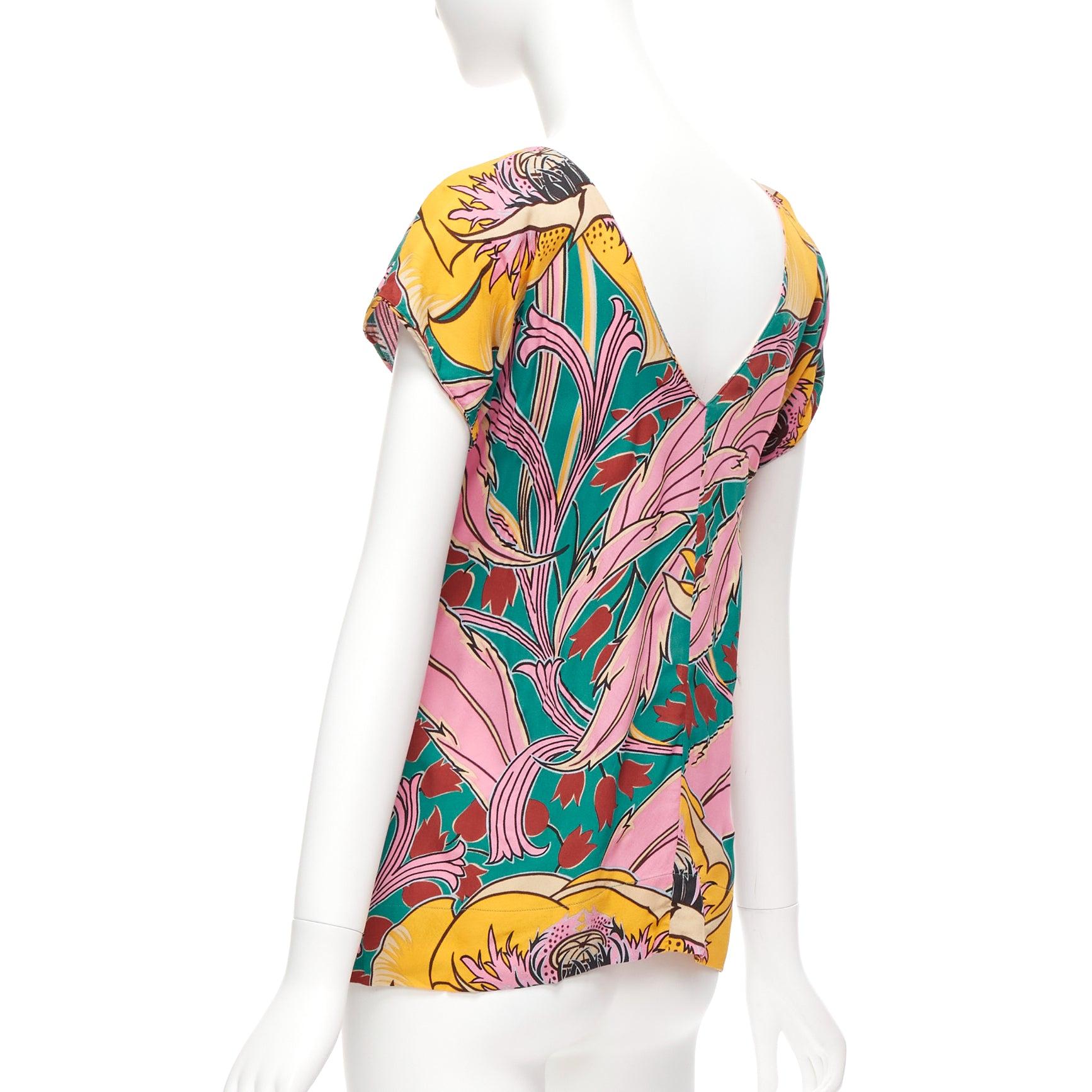 MARNI pink green floral illustration print gathered side cap sleeve top IT38 XS For Sale 1