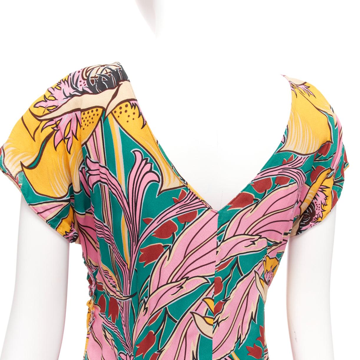 MARNI pink green floral illustration print gathered side cap sleeve top IT38 XS For Sale 2