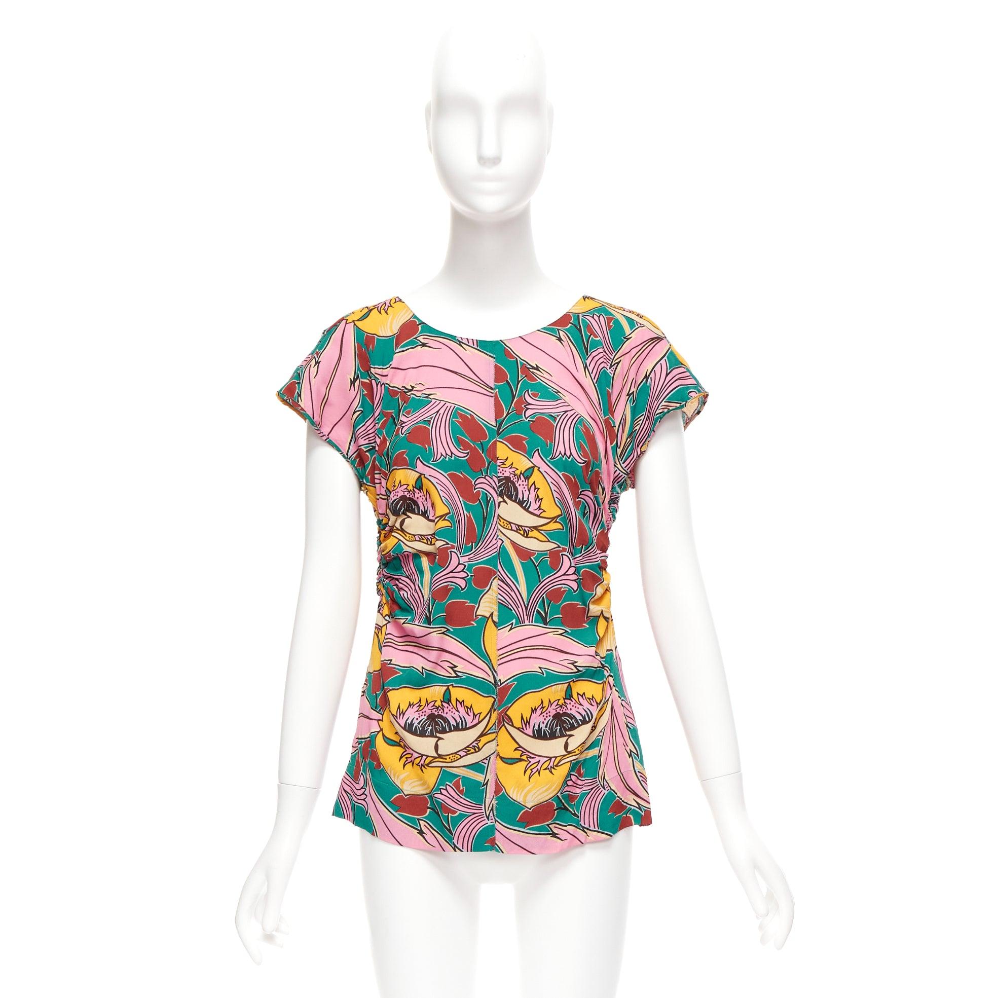 MARNI pink green floral illustration print gathered side cap sleeve top IT38 XS For Sale 4