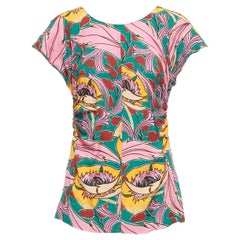 MARNI pink green floral illustration print gathered side cap sleeve top IT38 XS