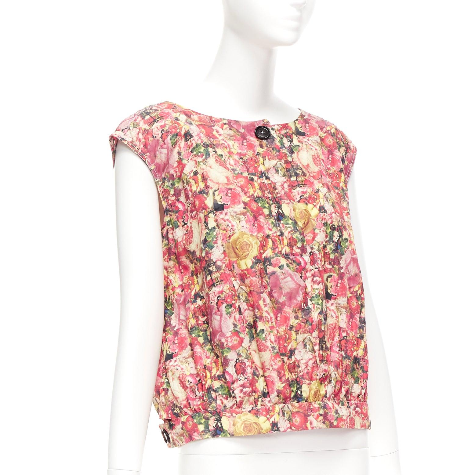 Beige MARNI pink green floral print black button boxy vest top IT38 XS For Sale