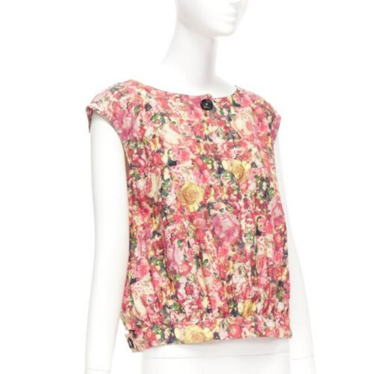 Beige MARNI pink green floral print black button boxy vest top IT38 XS For Sale