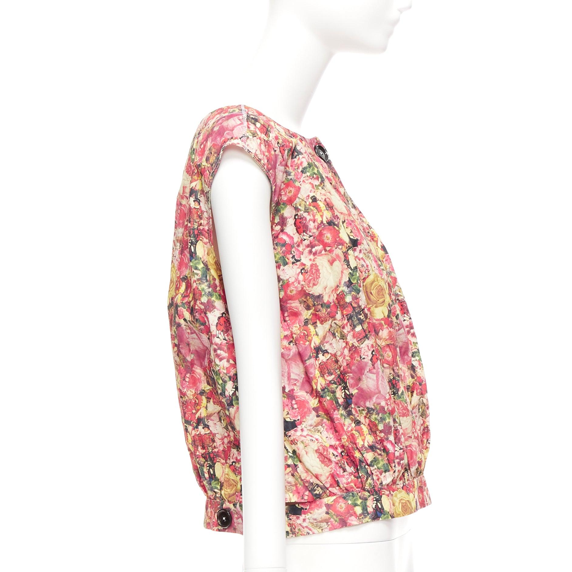 MARNI pink green floral print black button boxy vest top IT38 XS In Excellent Condition For Sale In Hong Kong, NT