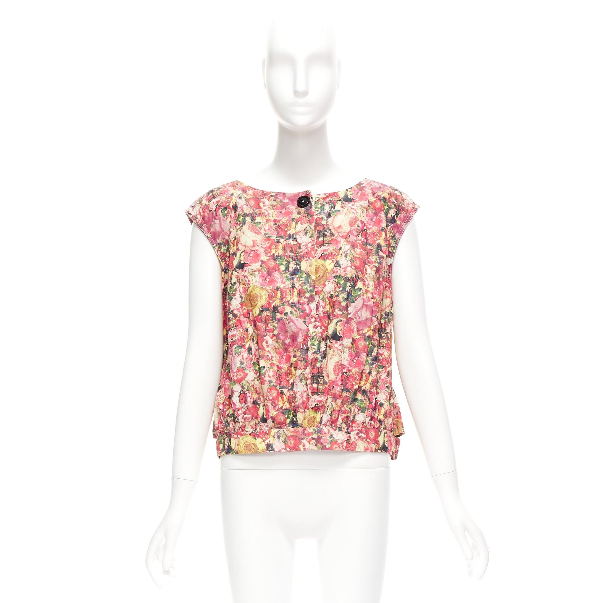 MARNI pink green floral print black button boxy vest top IT38 XS For Sale 4