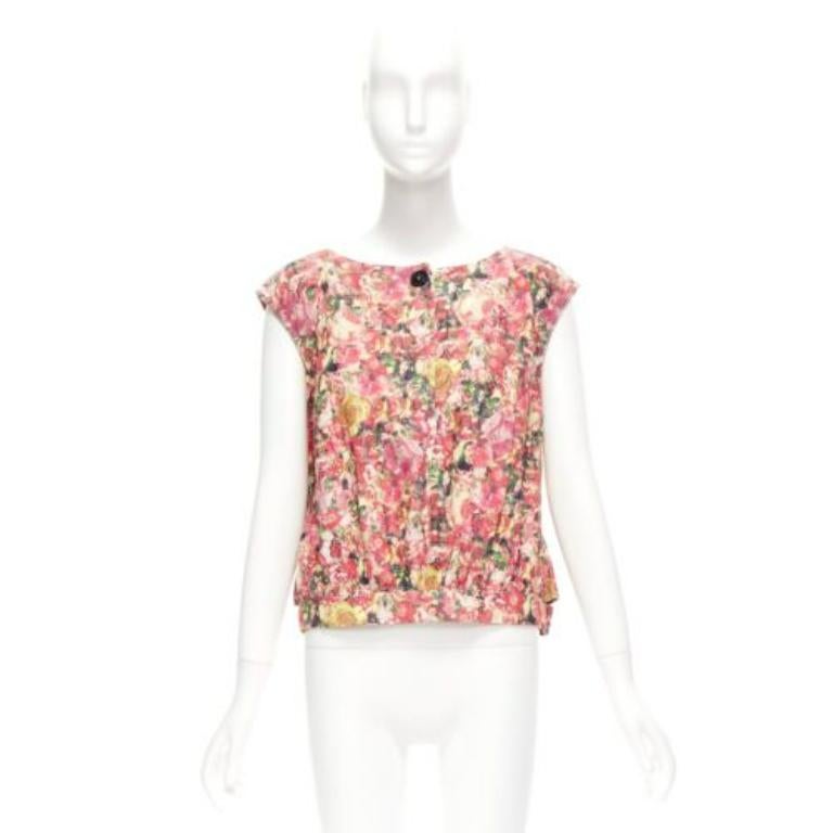 MARNI pink green floral print black button boxy vest top IT38 XS For Sale 4