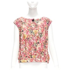 MARNI pink green floral print black button boxy vest top IT38 XS