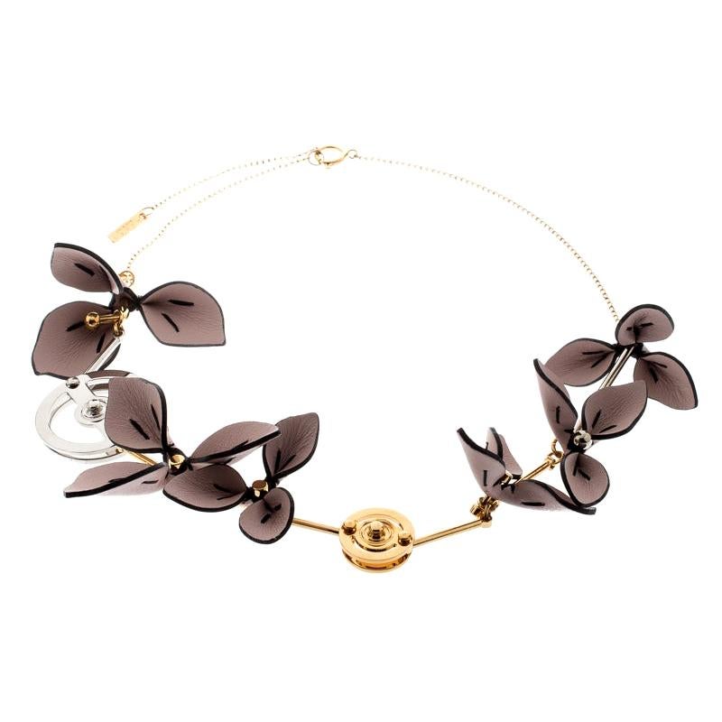 Marni Pink Leather Flower Two Tone Metal Statement Necklace