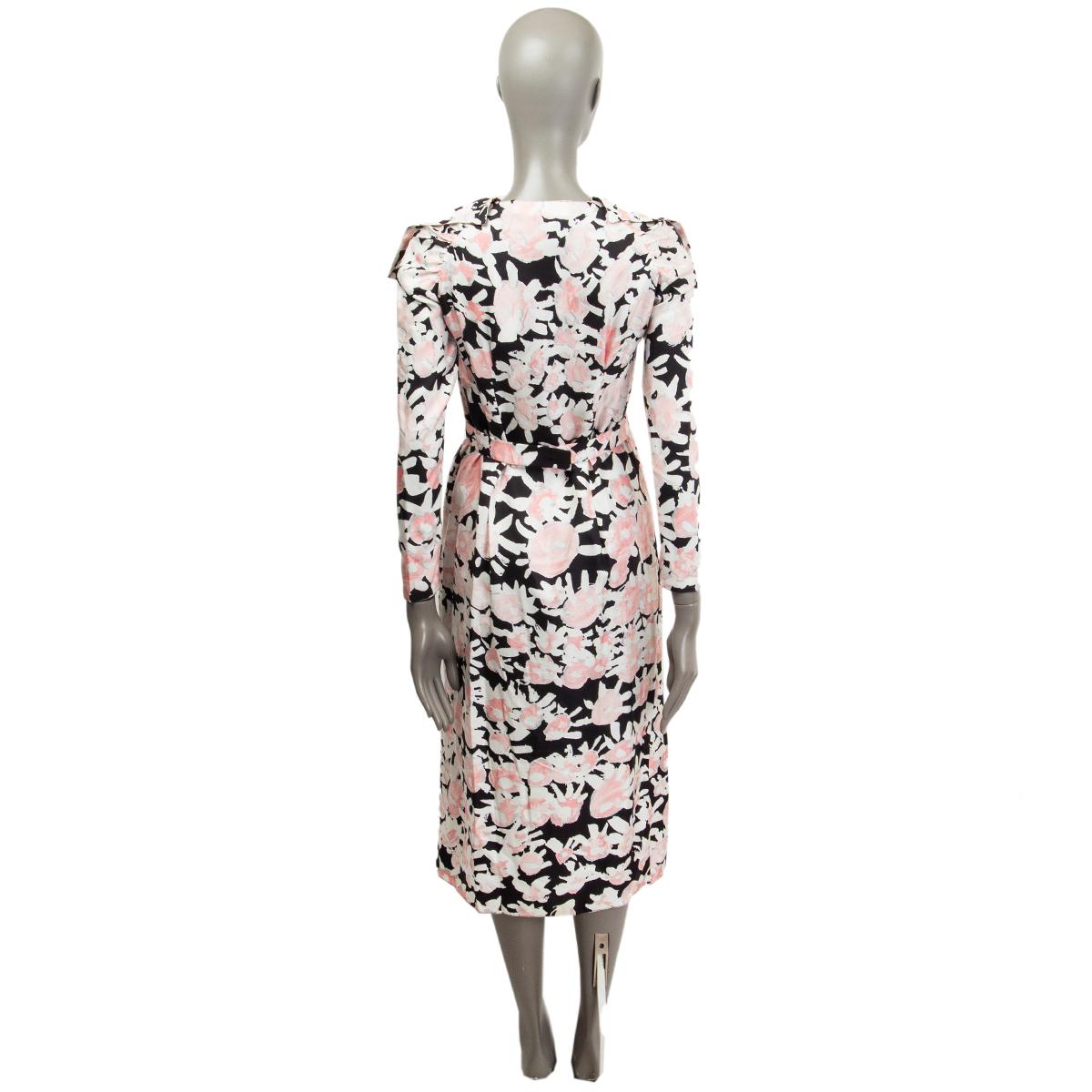 Gray MARNI pink white black silk FLORAL RUFFLED BELTED MIDI Dress 40 S For Sale