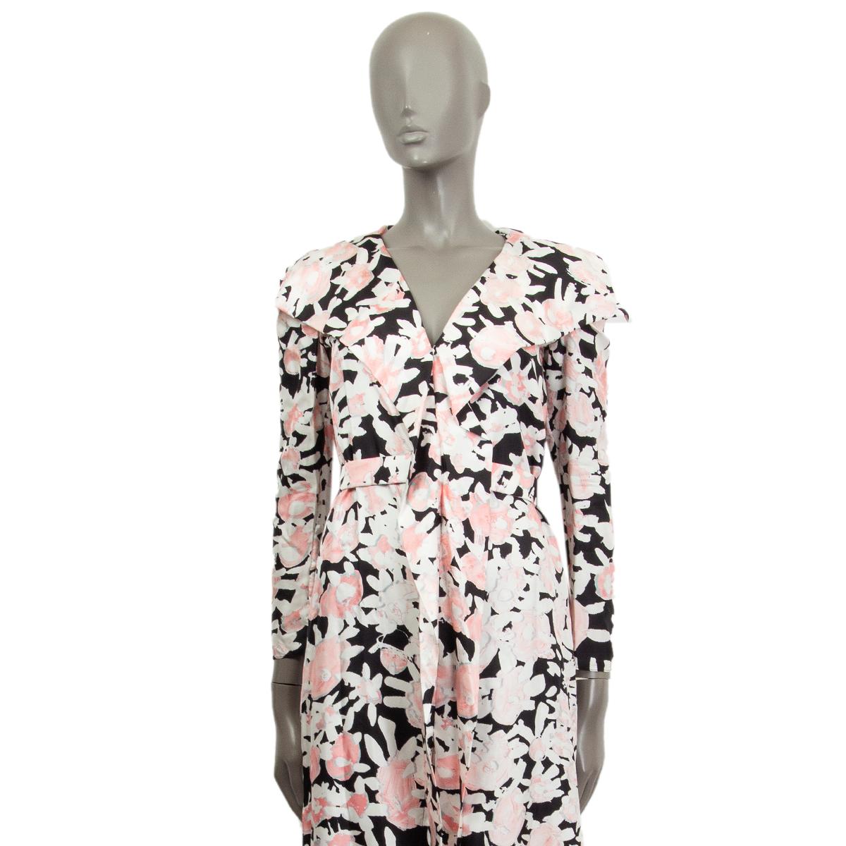 MARNI pink white black silk FLORAL RUFFLED BELTED MIDI Dress 40 S In Excellent Condition For Sale In Zürich, CH