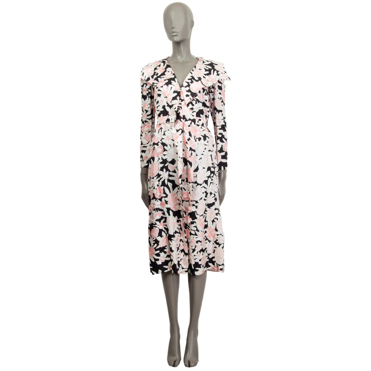 MARNI pink white black silk FLORAL RUFFLED BELTED MIDI Dress 40 S For Sale