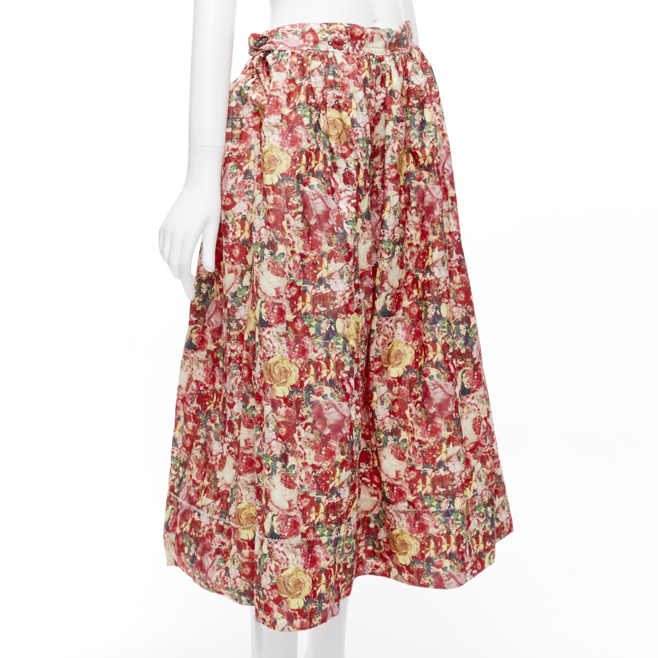 Brown MARNI pink yellow portrait cartoon floral print wrap waist balloon skirt IT38 XS For Sale