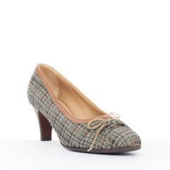 MARNI plaid tweed bow brown trimmed ruched fabric ballerina low dress pumps EU36