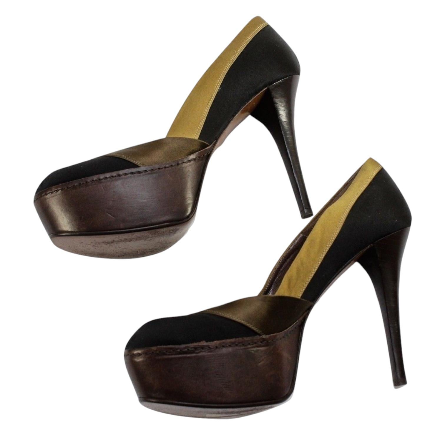 MARNI Pump Platform Satin Leather SCARPA Black Olive Brown Heel Shoe Sz 39 For Sale 3